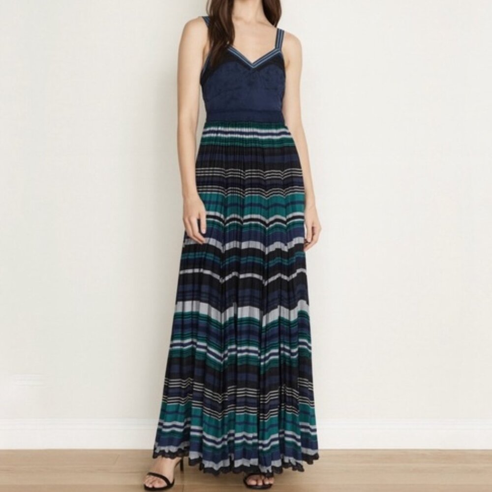 Free People Maxi Dress Sz 4 Striped Pleated Boho Casual Festival Blue Green